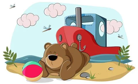 A cute bear cub is resting on the beach by the sea and playing with a ball Stock Illustration