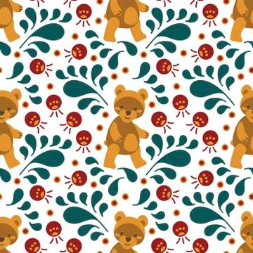 Cute bear cubs and red berries on a white background. Stylized plants. Seamle Stock Illustration