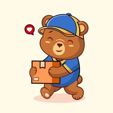 Cute Bear Delivery Mascot Walking Carry Package Vector Illustration Stock-Illustration