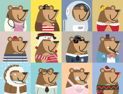 Cute bear doodle character set Illustrazione stock