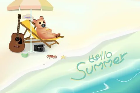 Cute bear drinking orange juice while lying on chair at seashore Stock Illustration
