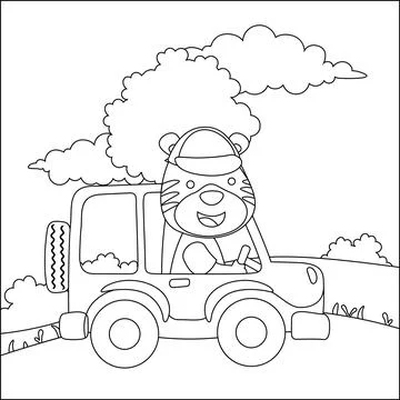 Cute bear driving a car go to forest funny animal cartoon. Stock Illustration