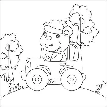 Cute bear driving a car go to forest funny animal cartoon. Stock Illustration