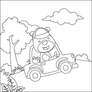 Cute bear driving a car go to forest funny animal cartoon. Stock Illustration