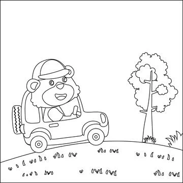 Cute bear driving a car go to forest funny animal cartoon. Ilustração Stock