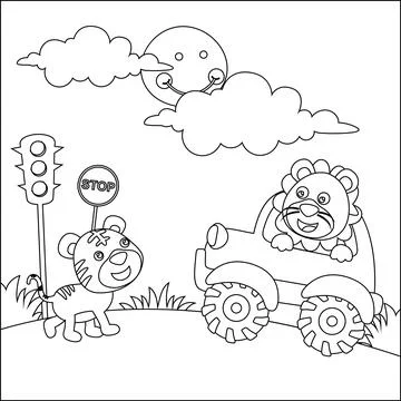 Cute bear driving a car go to forest funny animal cartoon. Stock Illustration