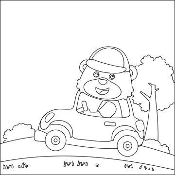 Cute bear driving a car go to forest funny animal cartoon. Stock Illustration