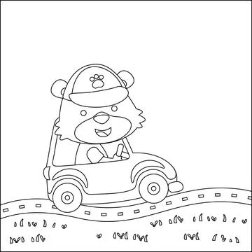 Cute bear driving a car go to forest funny animal cartoon. Stock Illustration
