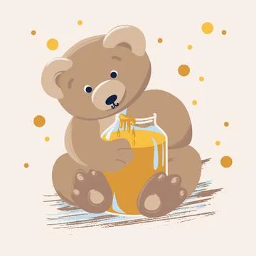 Cute bear eats honey from a jar Stock Illustration