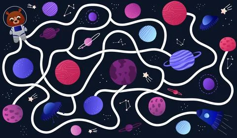 Cute bear explore galaxy, help character find right way for his spaceship Stock Illustration