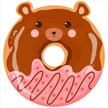 Cute bear with face donut with pink and chocolate glaze, tasty sweets for kid Stock Illustration