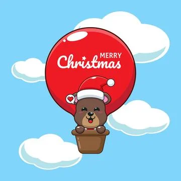 Cute bear fly with air balloon. Cartoon vector illustration in Christmas day. Stock Illustration
