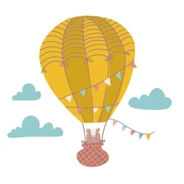 Cute bear is flying in a hot air balloon cartoon flat vector illustration for Stock Illustration