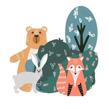 Cute bear, fox, hare and rabbit on a background of plants. Hand drawn illustr Stock Illustration