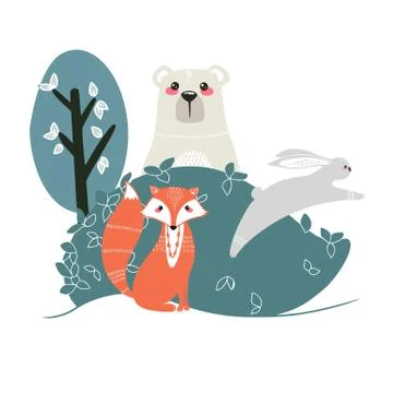 Cute bear, fox, hare and rabbit on a background of plants. Hand drawn illustr Stock Illustration