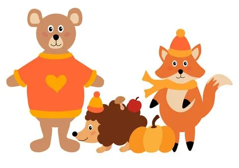Cute bear, fox, hedgehog with pumpkin. Autumn forest animals Stock Illustration