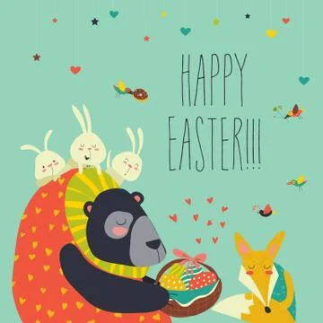 Cute bear gives basket with ester eggs to fox Stock Illustration