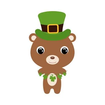 Cute bear in green leprechaun hat. Cartoon sweet animal with clovers. Vector  Stock Illustration
