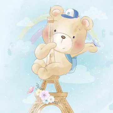 Cute bear hanging a paris tower illustration Stock Illustration