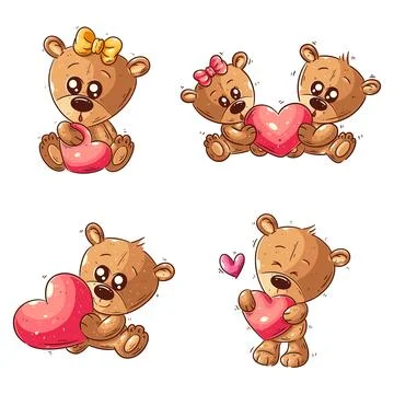 Cute bear with heart, hand drawn style set Illustrazione stock