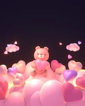 Cute bear holding a heart on the clouds at night Stock Illustration