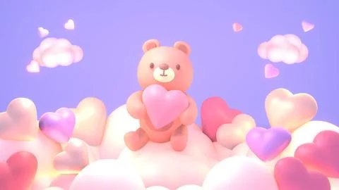 Cute bear holding a heart on the clouds Stock Illustration