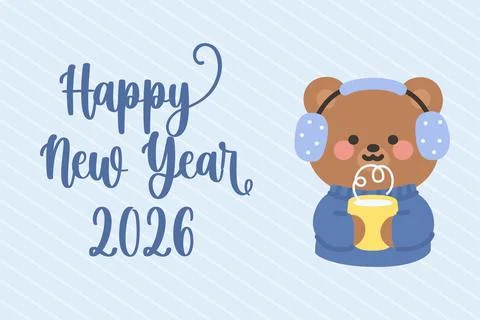 Cute Bear Holding Hot Milk Happy New Year 2026 Illustration Stock Illustration
