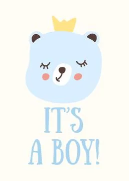 Cute bear illustration celebrating the arrival of a baby boy with text Its a boy Illustrazione stock