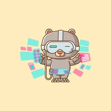 Cute bear interact virtual reality glasses vr kawaii chibi character mascot Stock Illustration