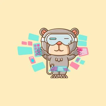 Cute bear interact virtual reality glasses vr kawaii chibi character mascot Stock Illustration