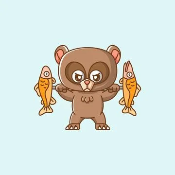 Cute bear lifting fish barbel food kawaii chibi character mascot Stock Illustration