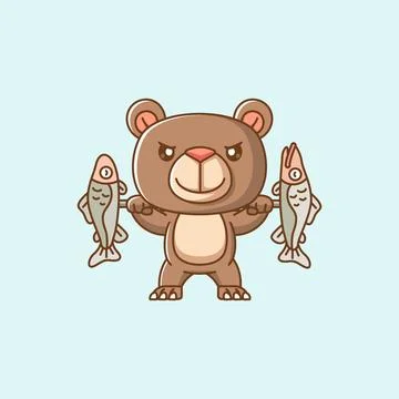 Cute bear lifting fish barbel food kawaii chibi character mascot Stock Illustration