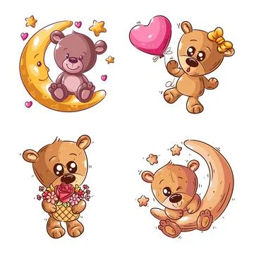 Cute bear on the moon, hand drawn style set Ilustração Stock