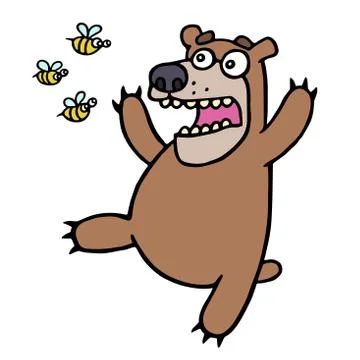 Cute bear in panic. Angry bees. Vector illustration. Stock Illustration