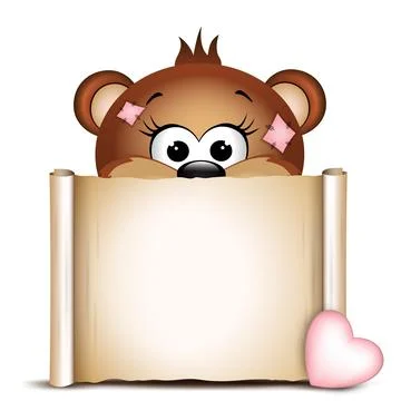 Cute bear with paper scroll on a white background. Valentine car Stock Illustration