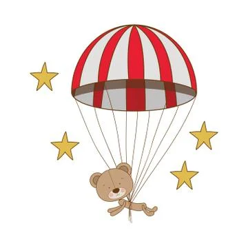 Cute bear on parachute on white background 库存插图