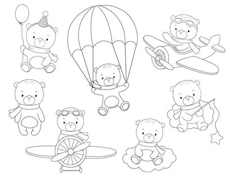Cute bear pilot on airplane, line hand drawn illustrations set isolated on wh Illustrazione stock
