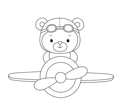 Cute bear pilot in airplane, line hand drawn illustration isolated on white b Stock Illustration