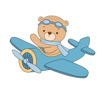 Cute bear pilot on airplane, vector hand drawn illustration isolated on white Stock Illustration