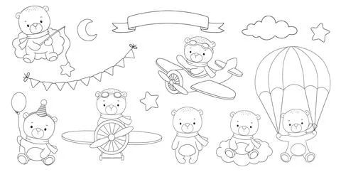 Cute bear pilot, moon, clouds and flags garland line hand drawn illustratio.. Stock Illustration