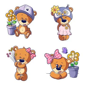Cute bear with plants, hand drawn style set Stock Illustration