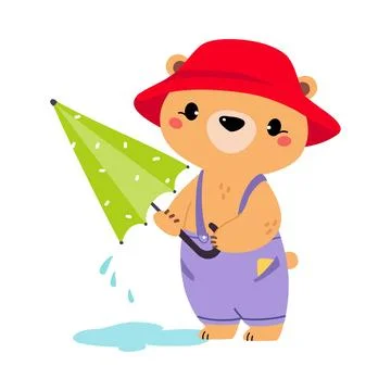 Cute Bear in Rainy Day Walking in Hat with Umbrella Vector Illustration Ilustración de archivo