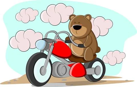 A cute bear rides a big red motorcycle on the road Stock Illustration