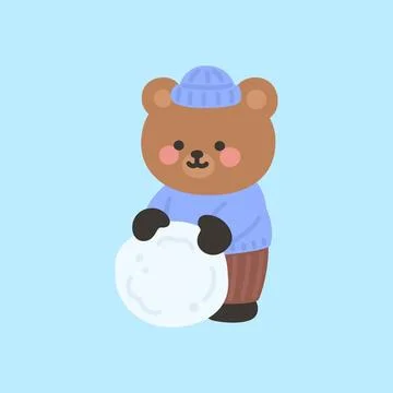 A cute bear rolling a large snowball Stock Illustration