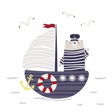 Cute bear sailor on a ship, sailboat, gulls, waves, isolated on white. Stock Illustration