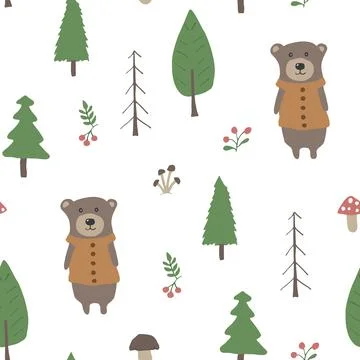 Cute bear Seamless pattern. Cartoon Animals in forest background. Vector illu Stock Illustration