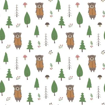 Cute bear Seamless pattern. Cartoon Animals in forest background. Vector illu Stock Illustration