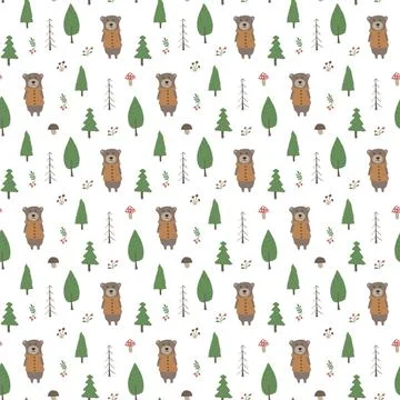 Cute bear Seamless pattern. Cartoon Animals in forest background. Vector illu Stock Illustration