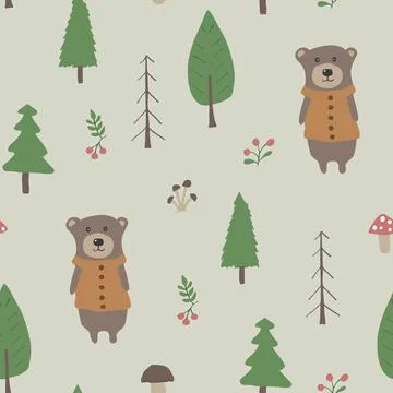 Cute bear Seamless pattern. Cartoon Animals in forest background. Vector illu Stock Illustration
