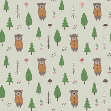 Cute bear Seamless pattern. Cartoon Animals in forest background. Vector illu Stock Illustration